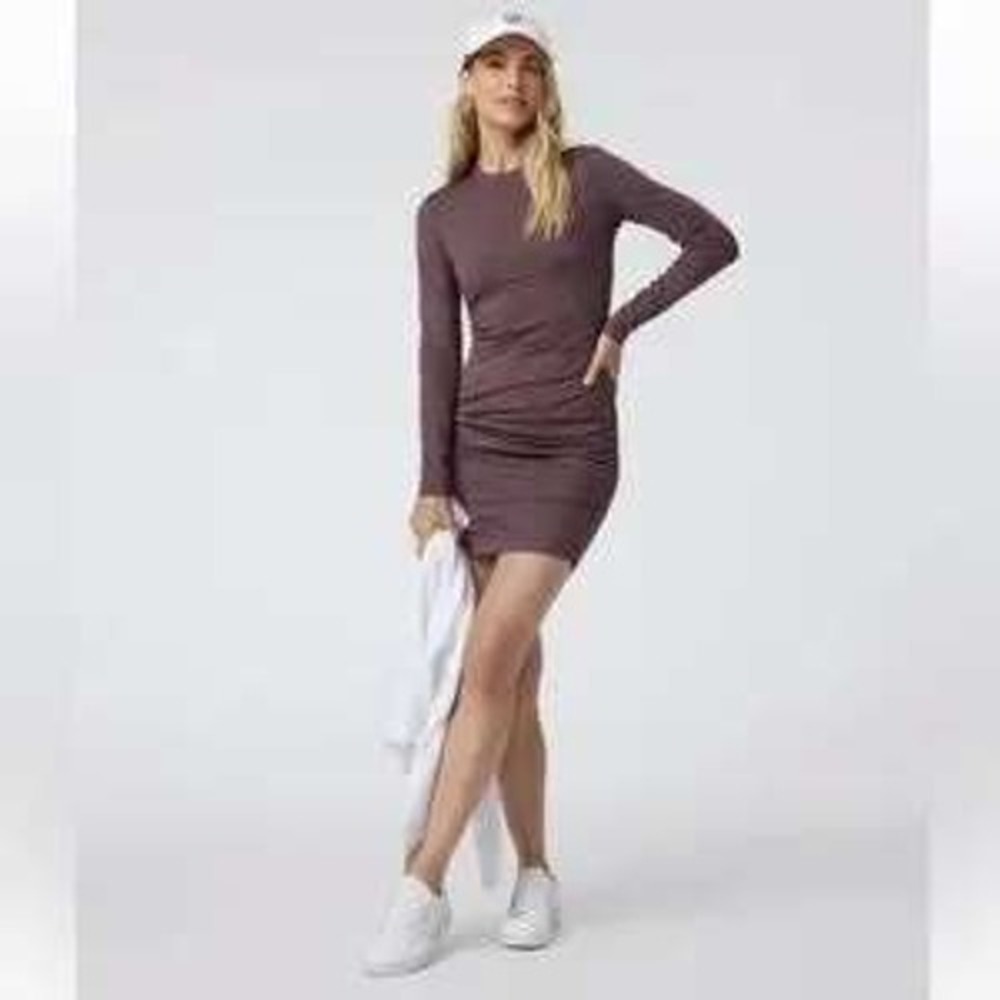 Vuori Long Sleeve Halo Essential Dress Mahogany Plum DreamKnit Ruched Mini L